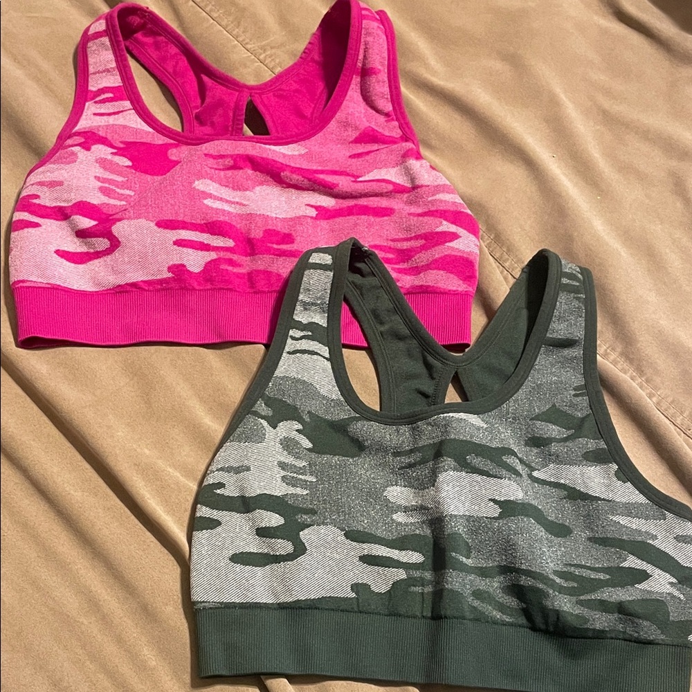 Pink and Green Camouflage Sports Bras
